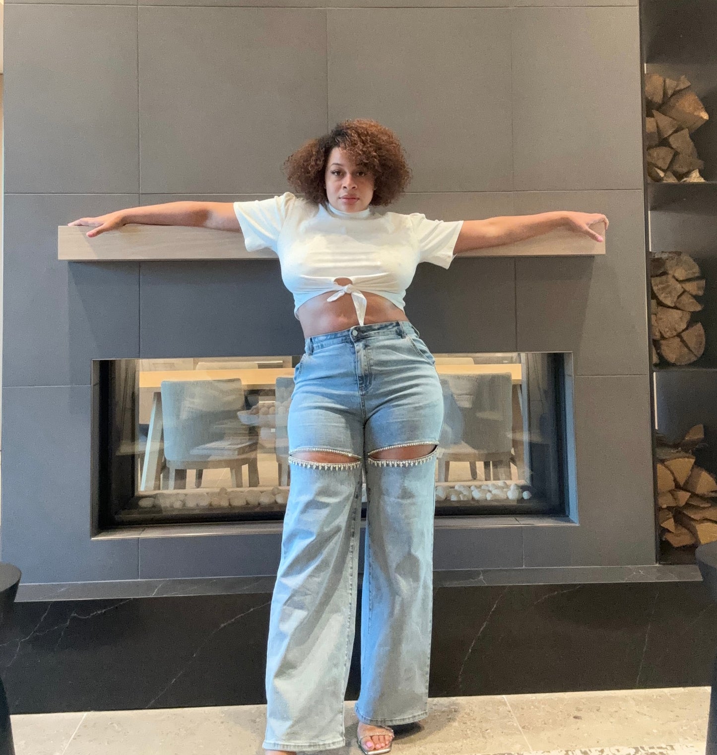 Cut Out Rhinestone Denim