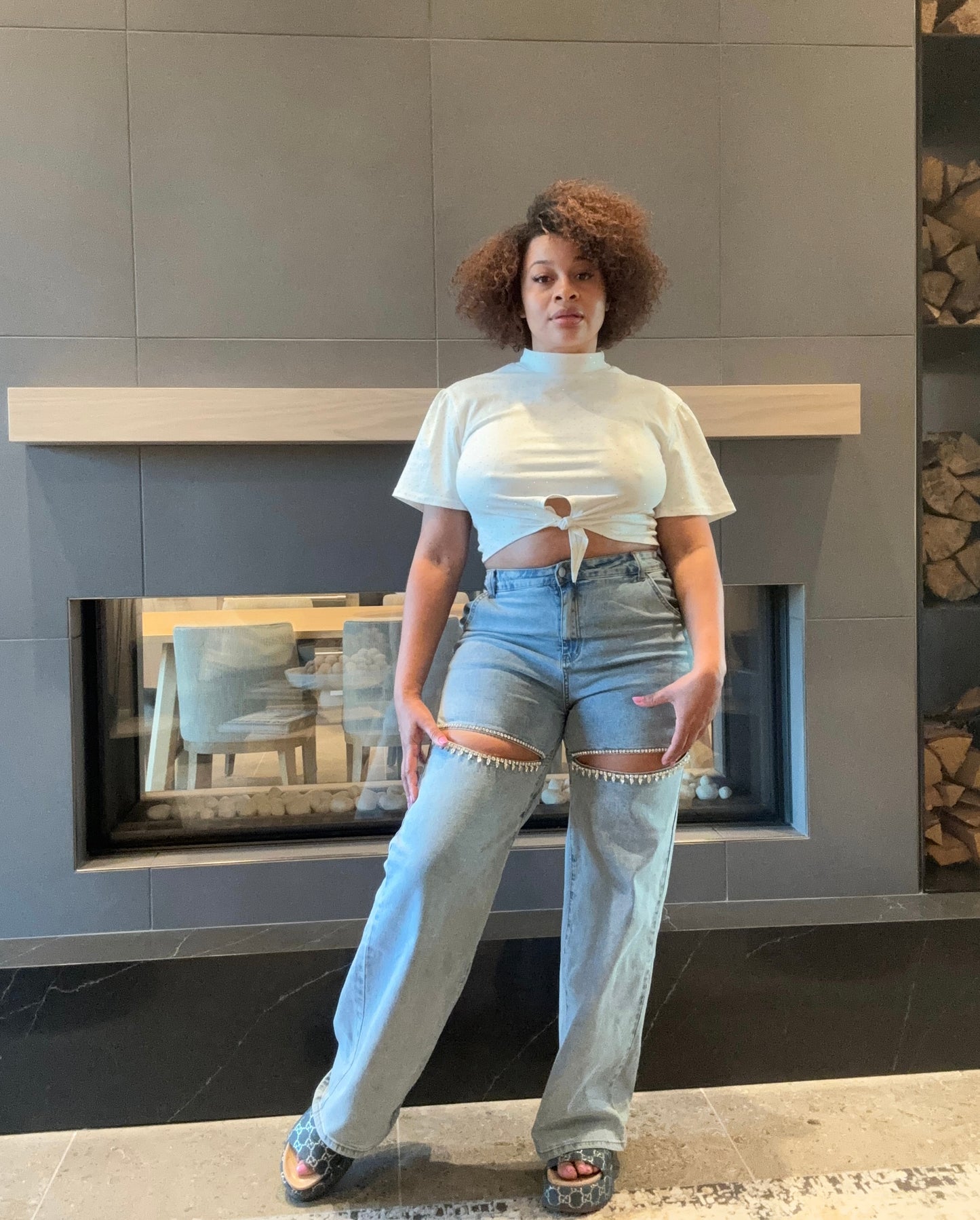 Cut Out Rhinestone Denim