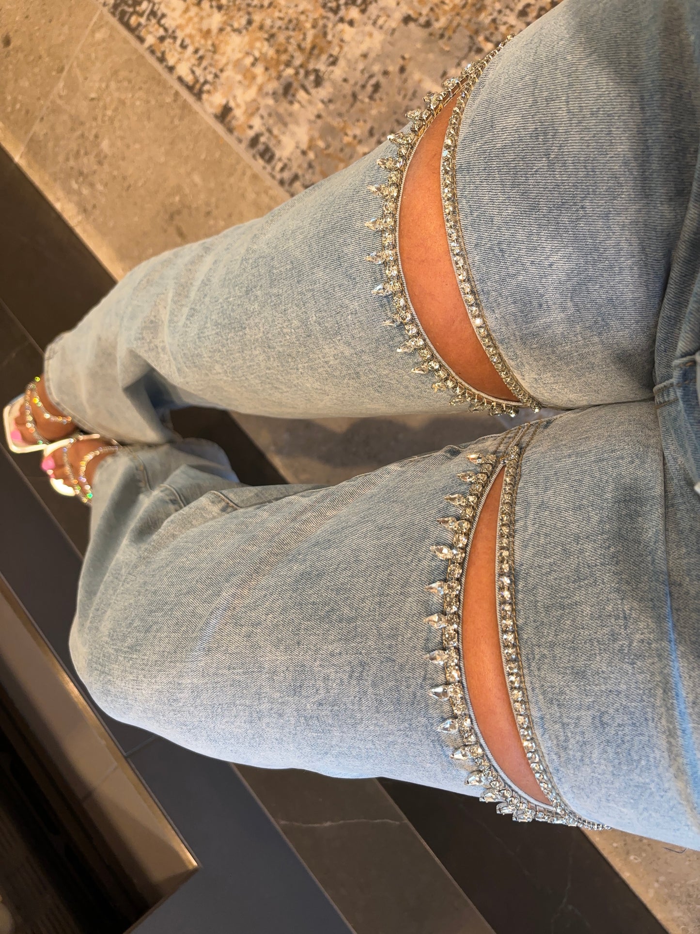 Cut Out Rhinestone Denim