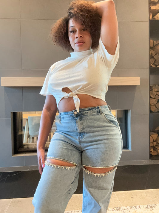 Cut Out Rhinestone Denim