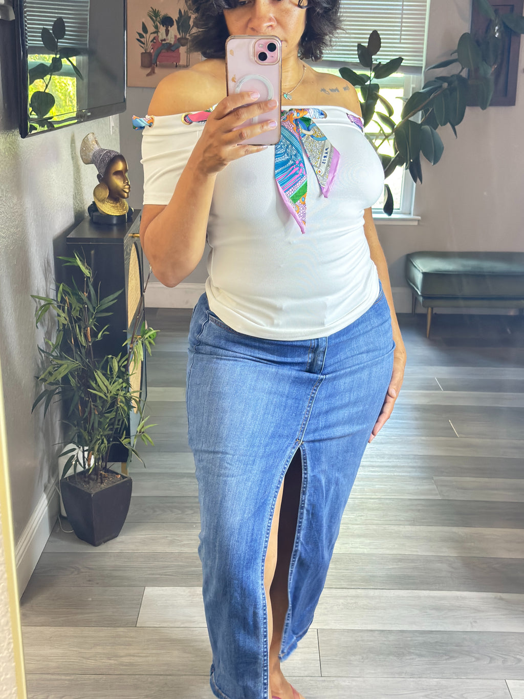 Silk Scarf Off-Shoulder Top