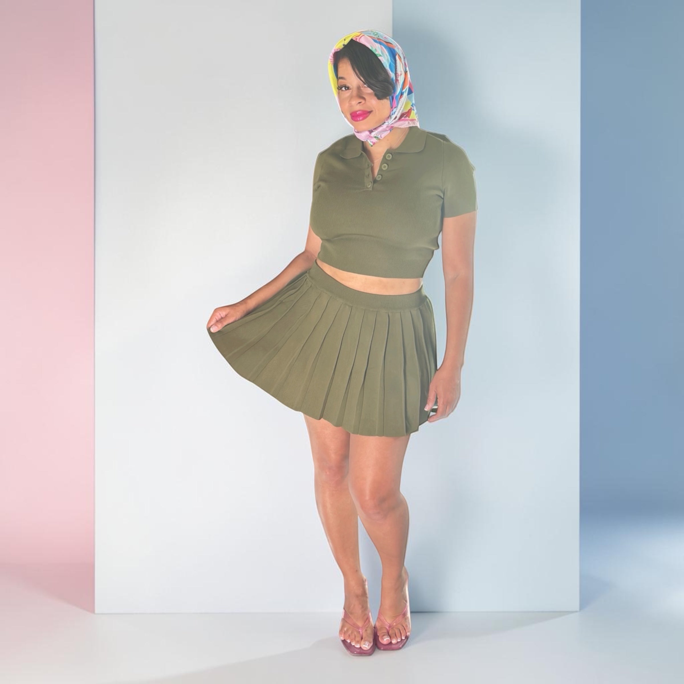 Olive Green Two Piece Tennis Skirt Set