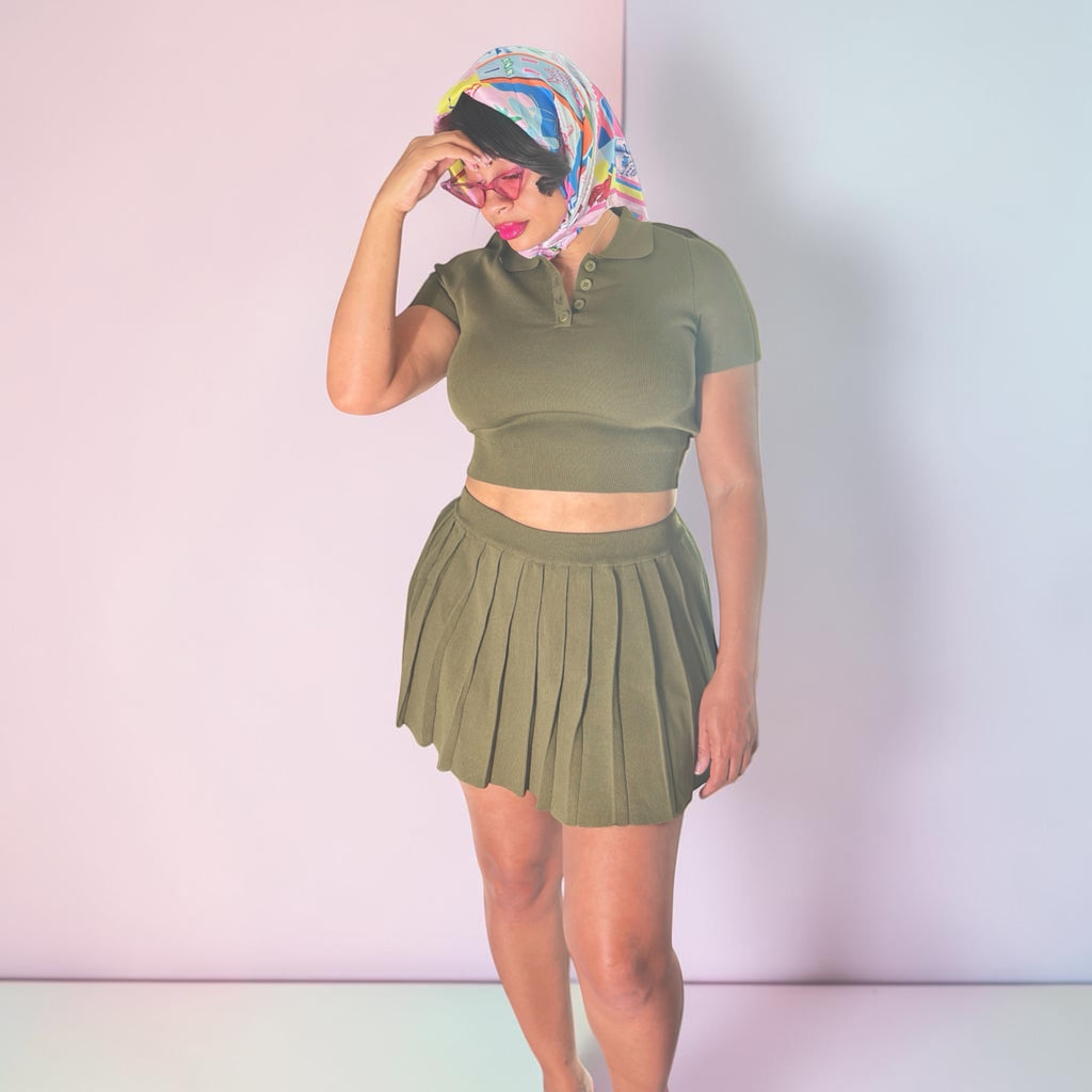 Olive Green Two Piece Tennis Skirt Set