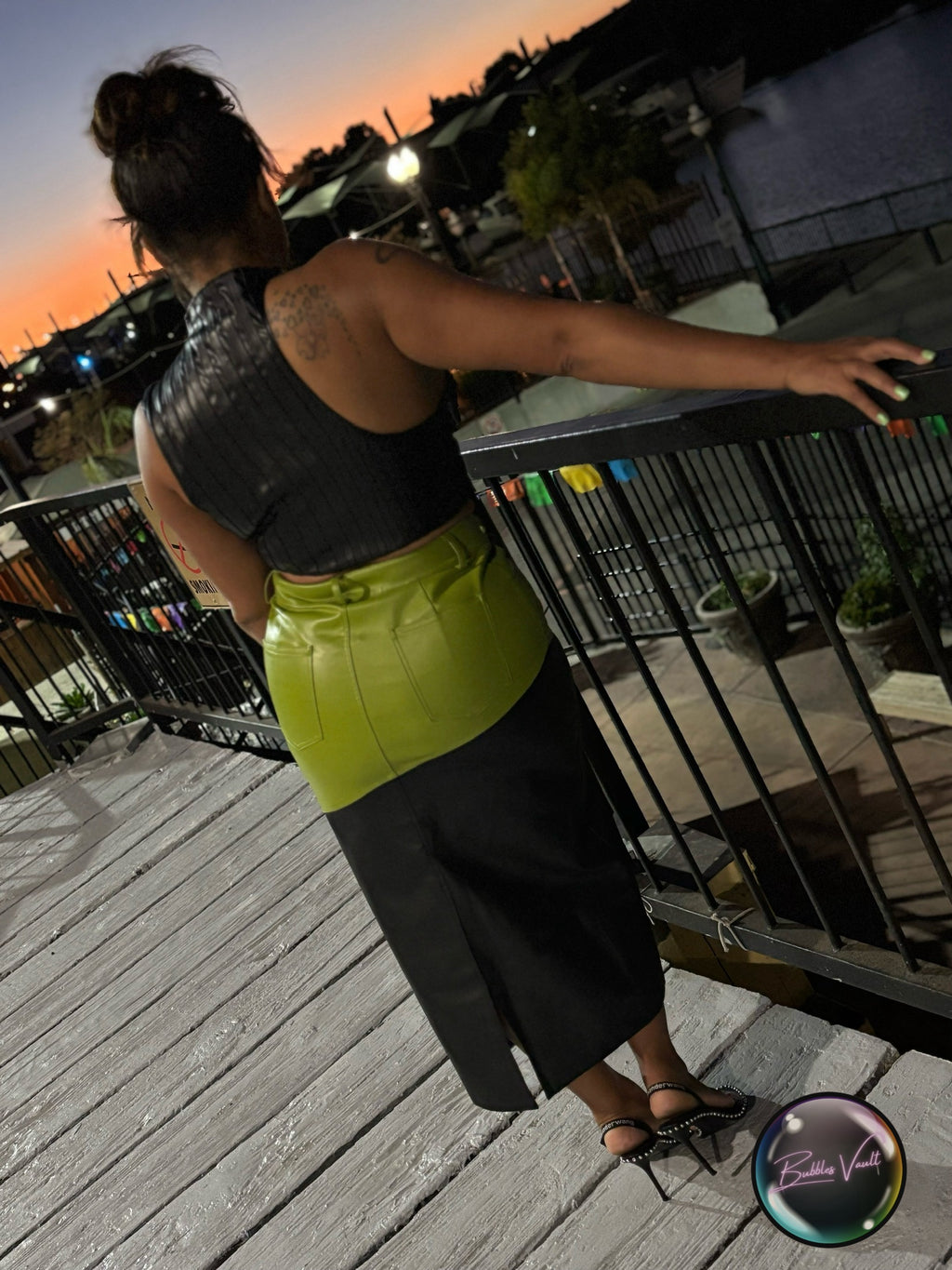 Color Blocked Leather Skirt