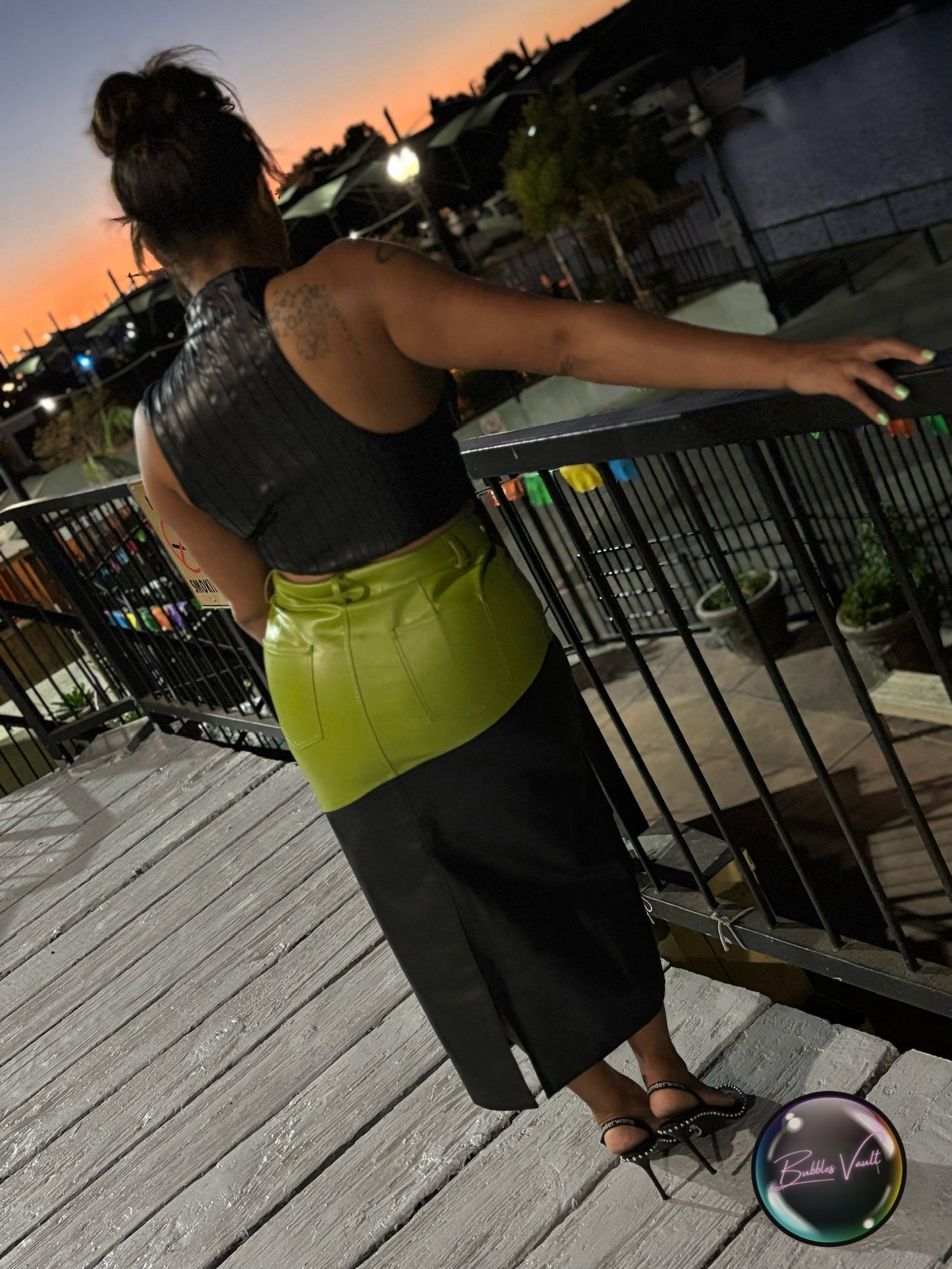 Color Blocked Leather Skirt