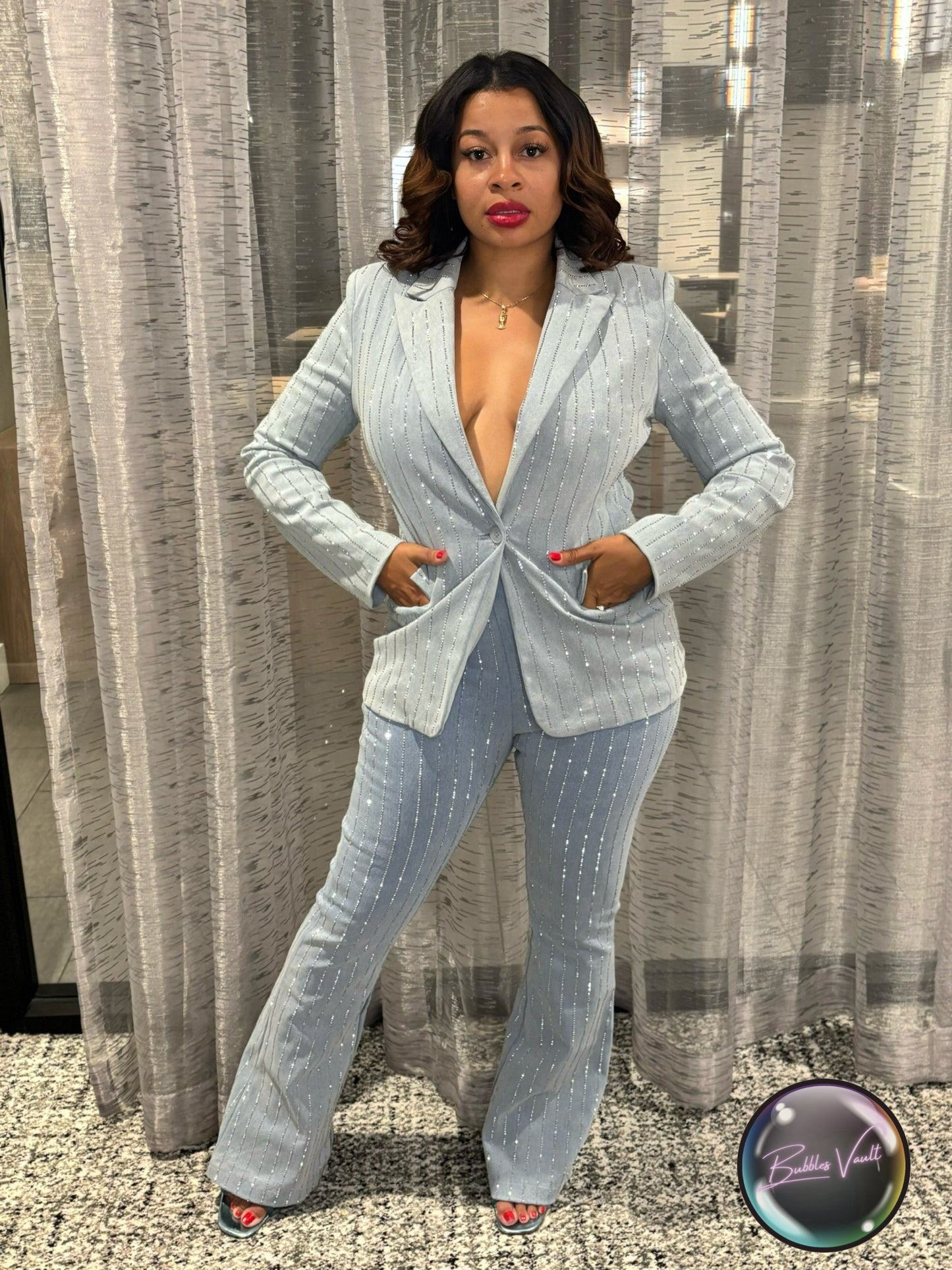 Rhinestone Pinstripe Blazer Denim Set