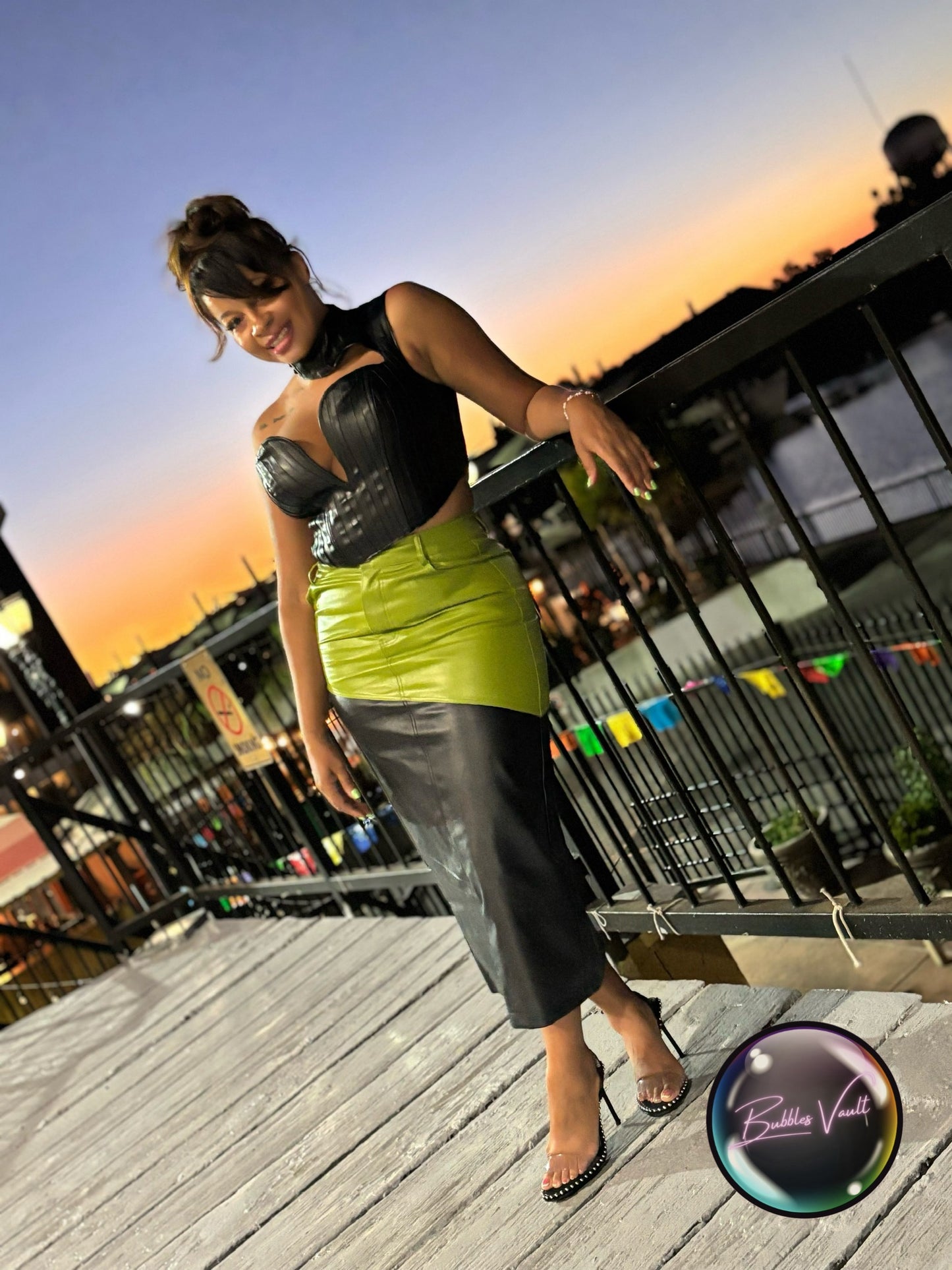 Color Blocked Leather Skirt