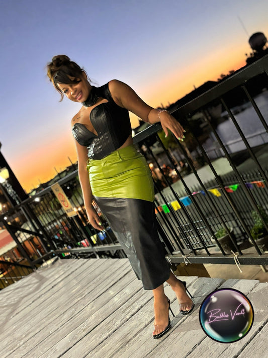 Color Blocked Leather Skirt