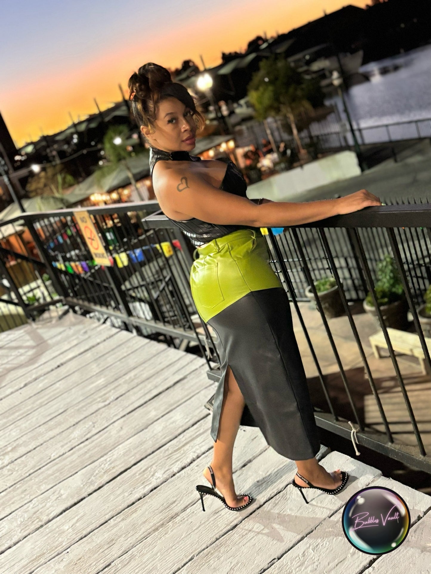 Color Blocked Leather Skirt