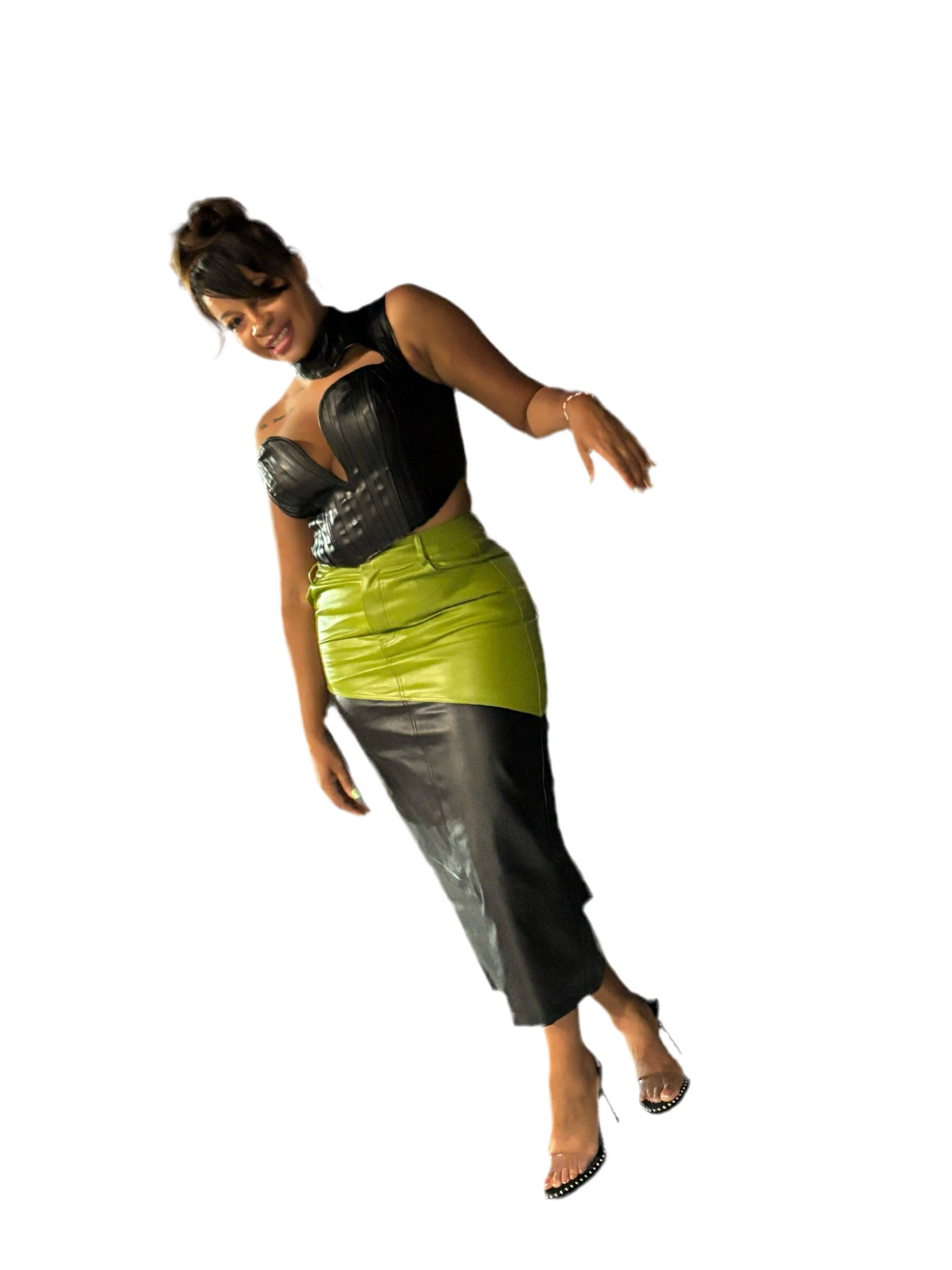 Color Blocked Leather Skirt