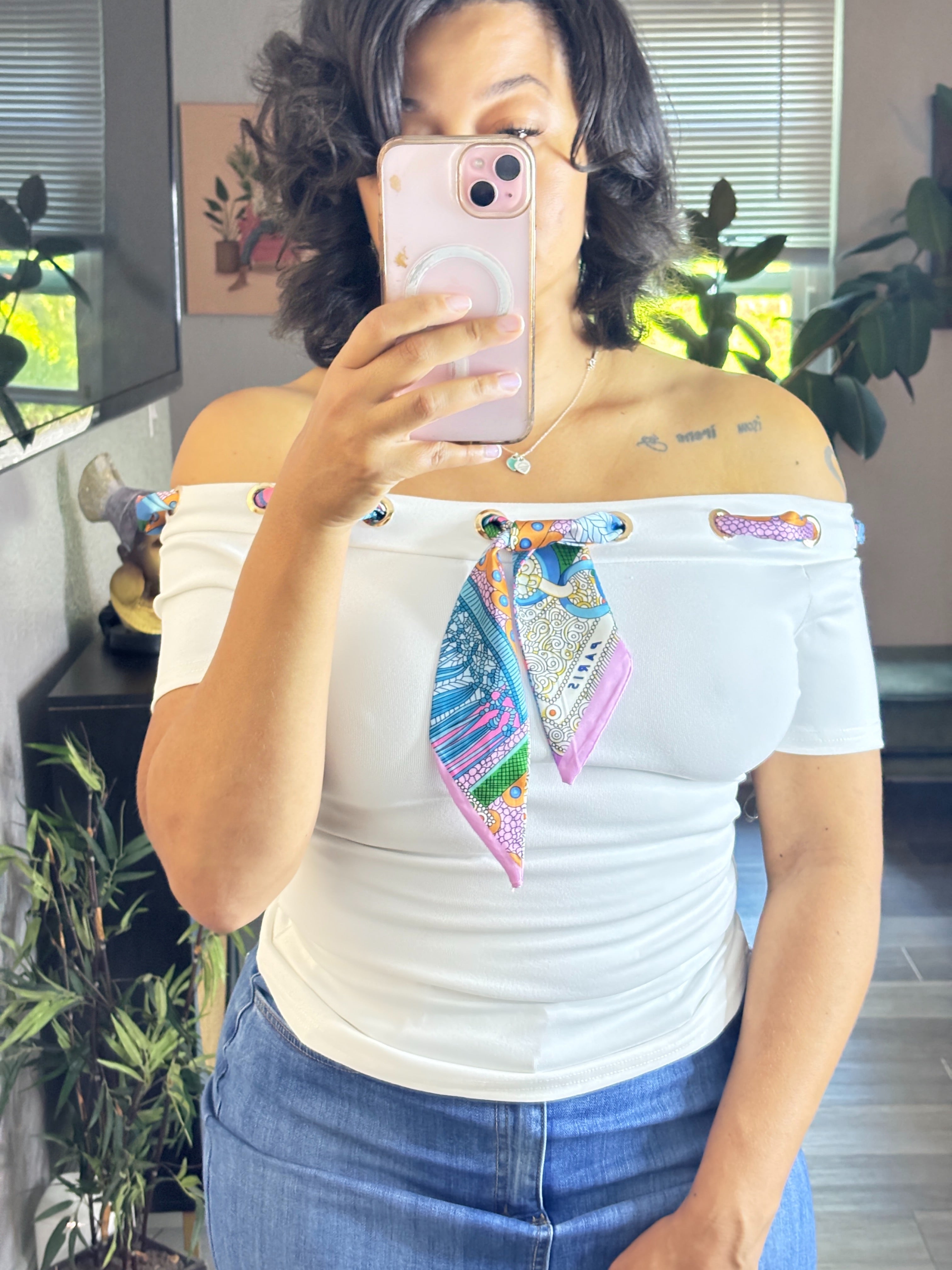 Silk Scarf Off-Shoulder Top