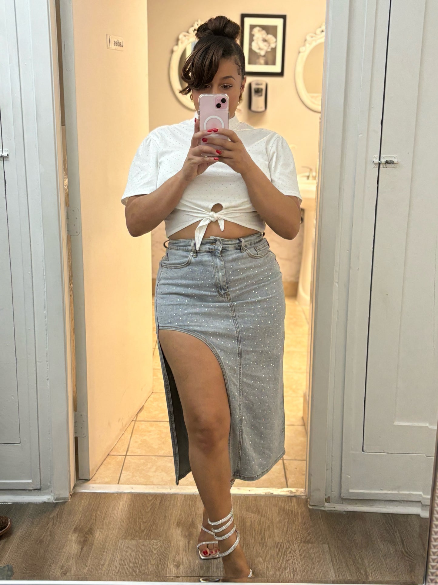 Cut Out Studded Mid Rise Denim Skirt