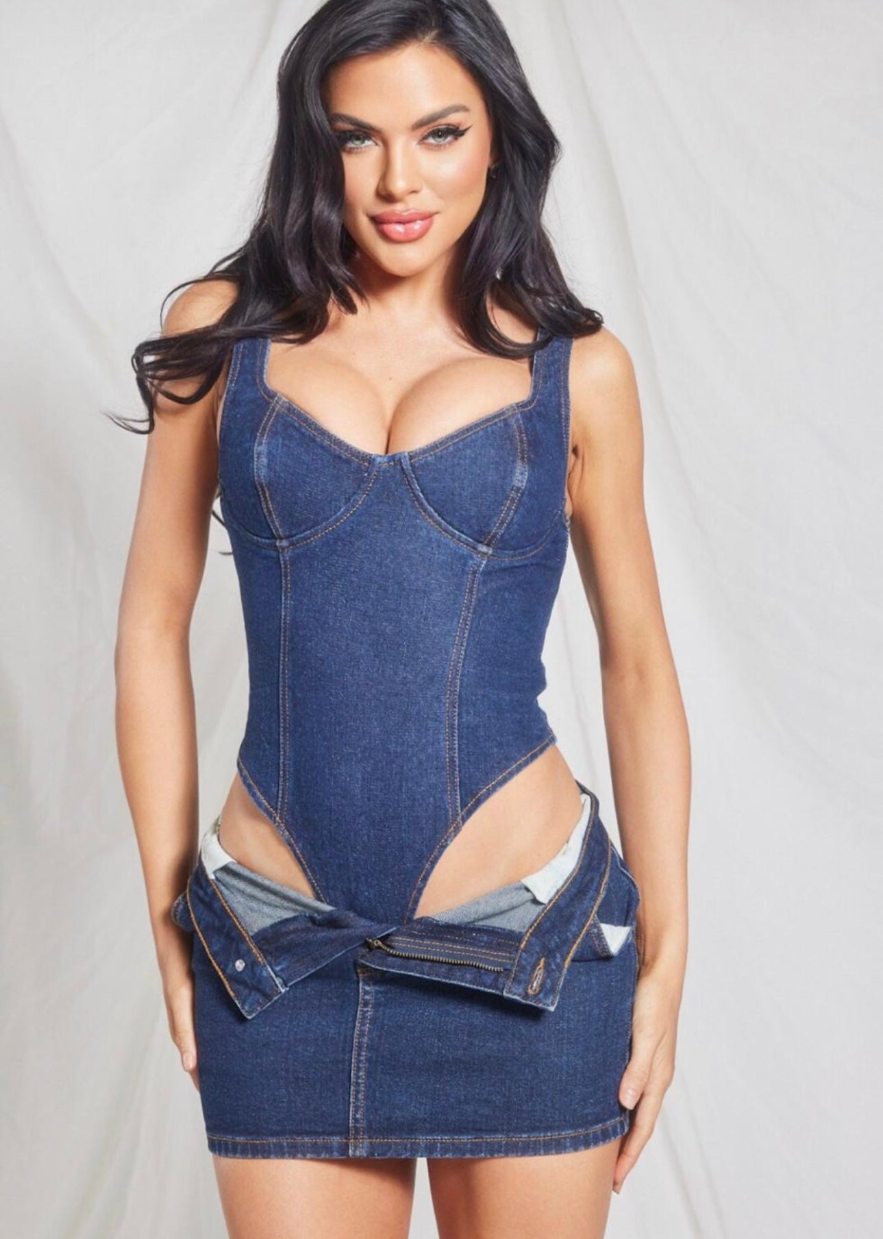 Dark Denim Mini Skirt With Matching Bodysuit