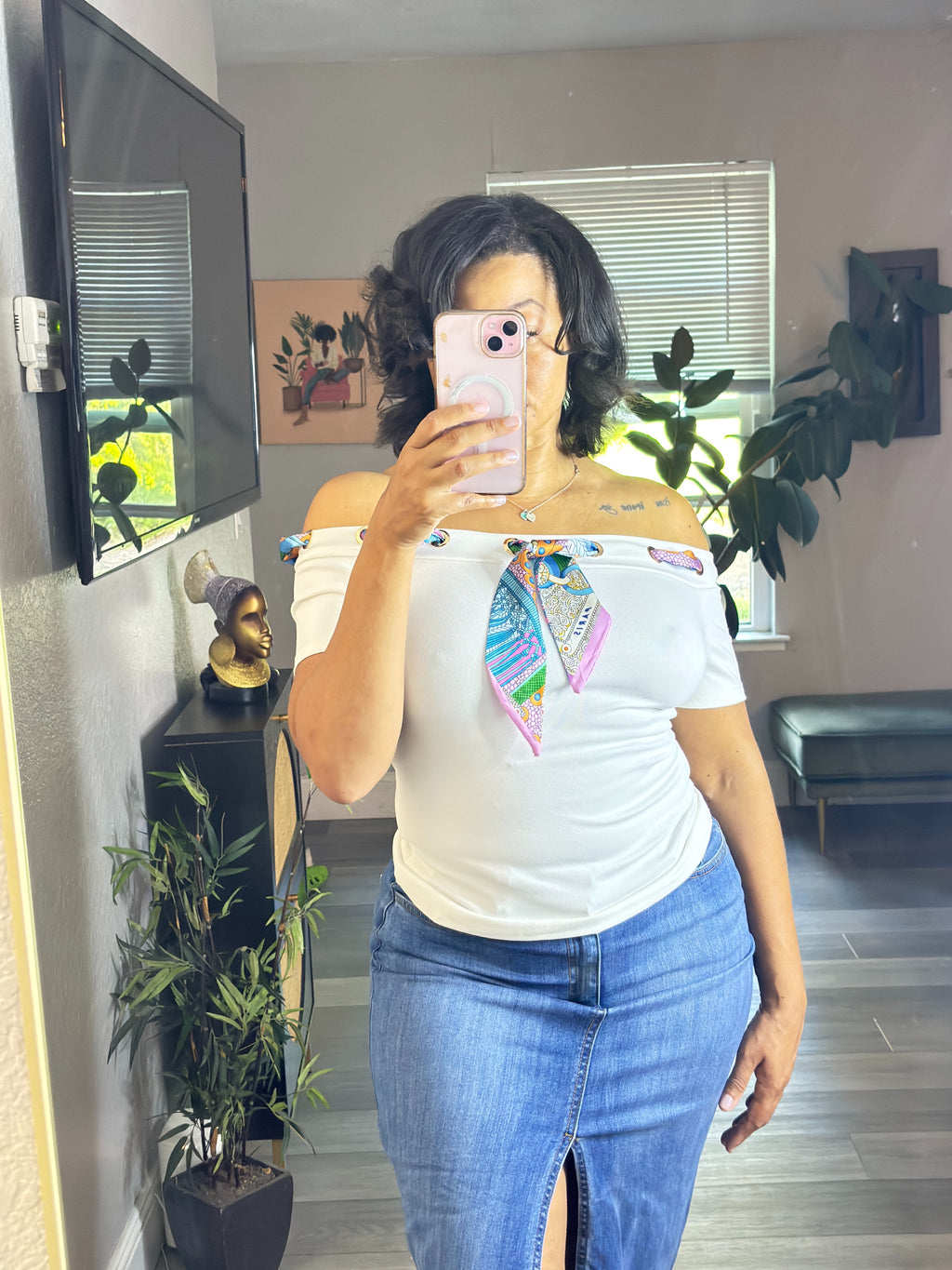 Silk Scarf Off-Shoulder Top