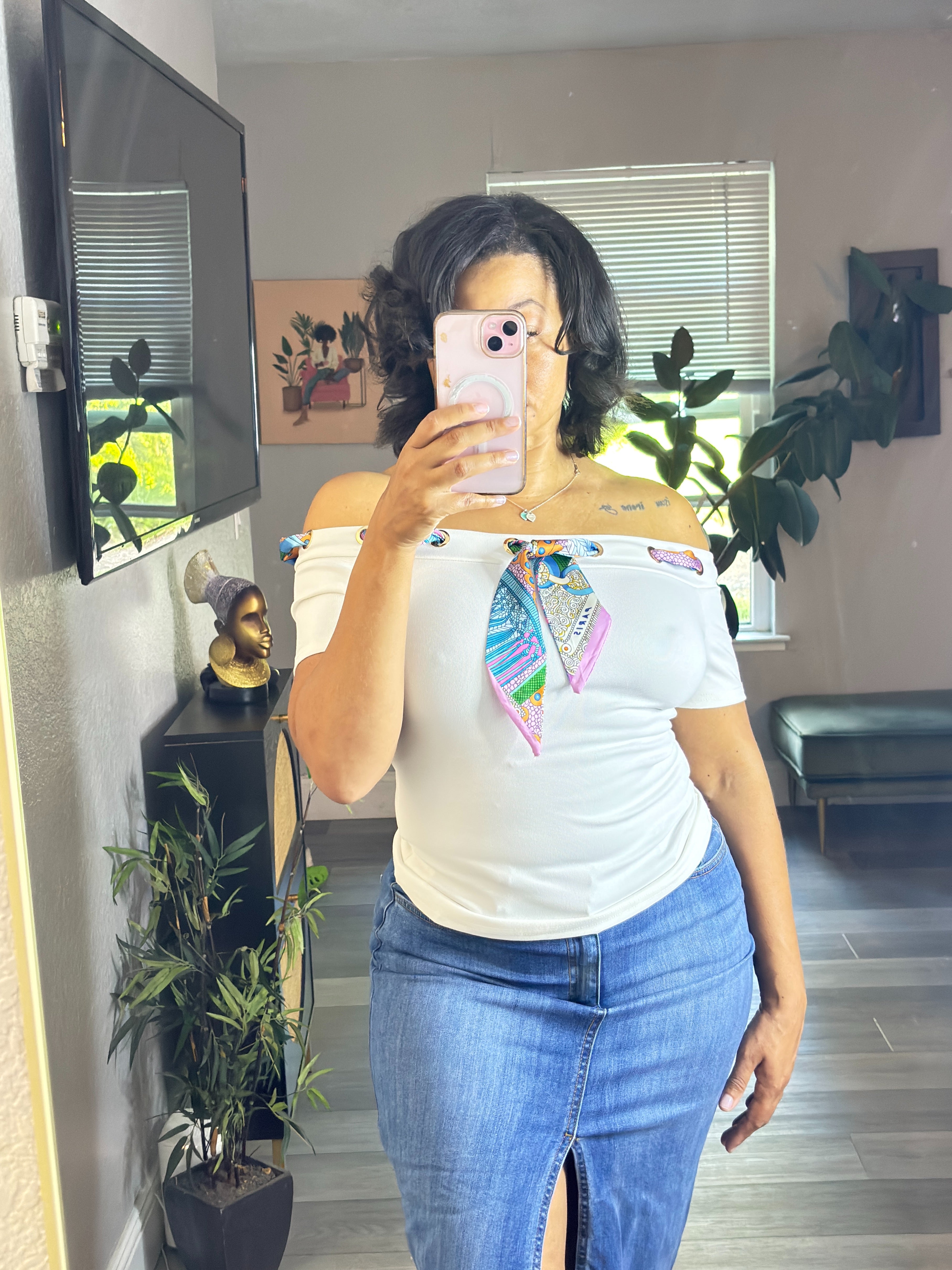 Silk Scarf Off-Shoulder Top