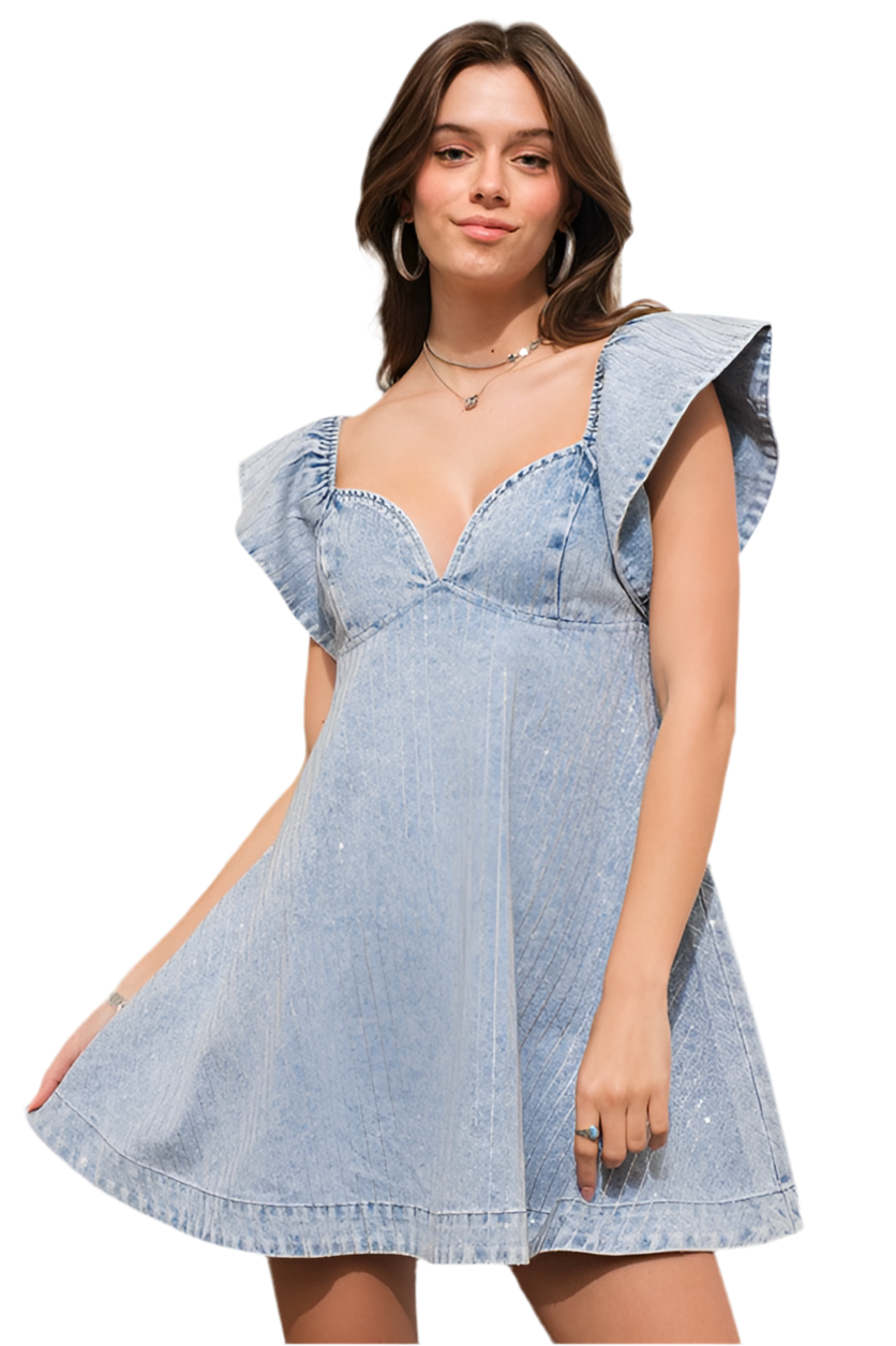 Ruffle Embellished Denim Dress, featuring strip rhinestone for a touch of sparkle